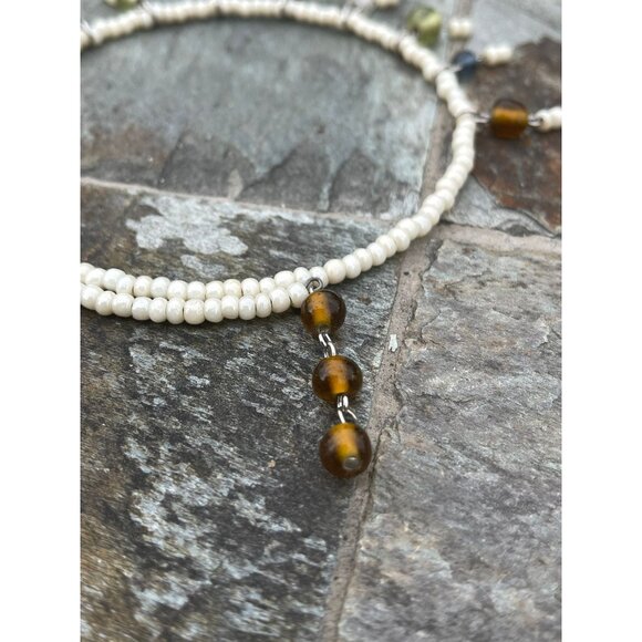 Vtg 1980's Multi Colored Beaded Choker Necklace Adjustable White Beaded Necklace - Picture 6 of 6